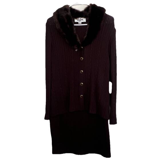 St. John Cable Sweater Cardigan Removable Fur Collar Skirt Set Size 8/10 Fall S1 - Picture 1 of 9